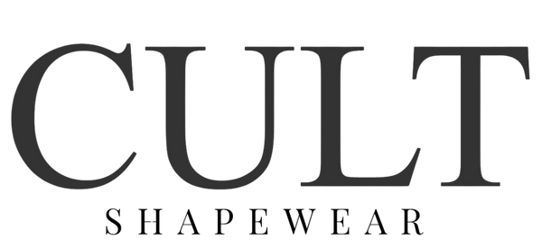 The logo for CULT Shapewear, featuring the word 'CULT' in a large serif font and 'SHAPEWEAR' in a smaller sans-serif font, centered on a plain white background.